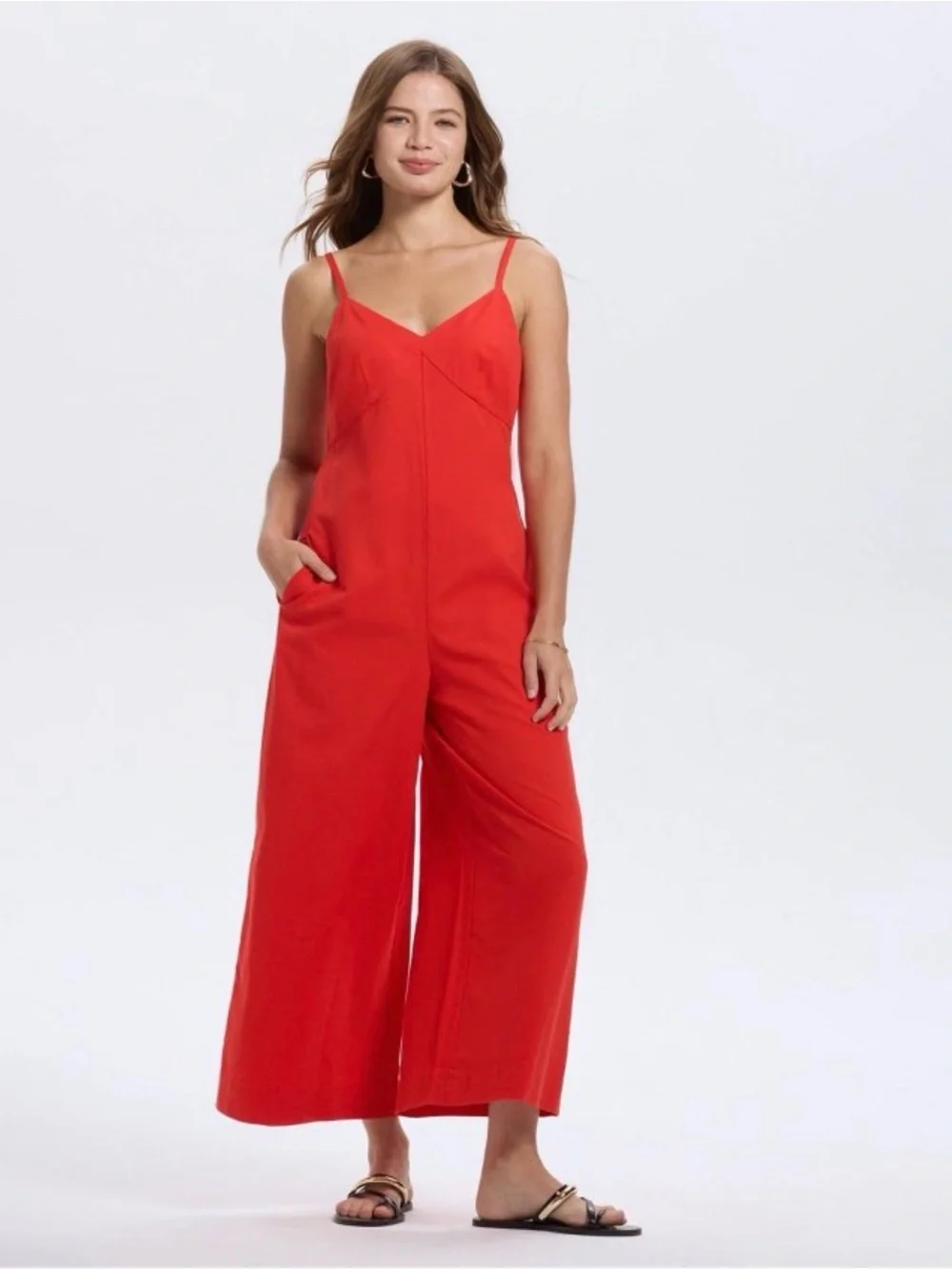 A New Day Red Wide-Leg Spaghetti-Strap Jumpsuit Small Casual Pockets NWT